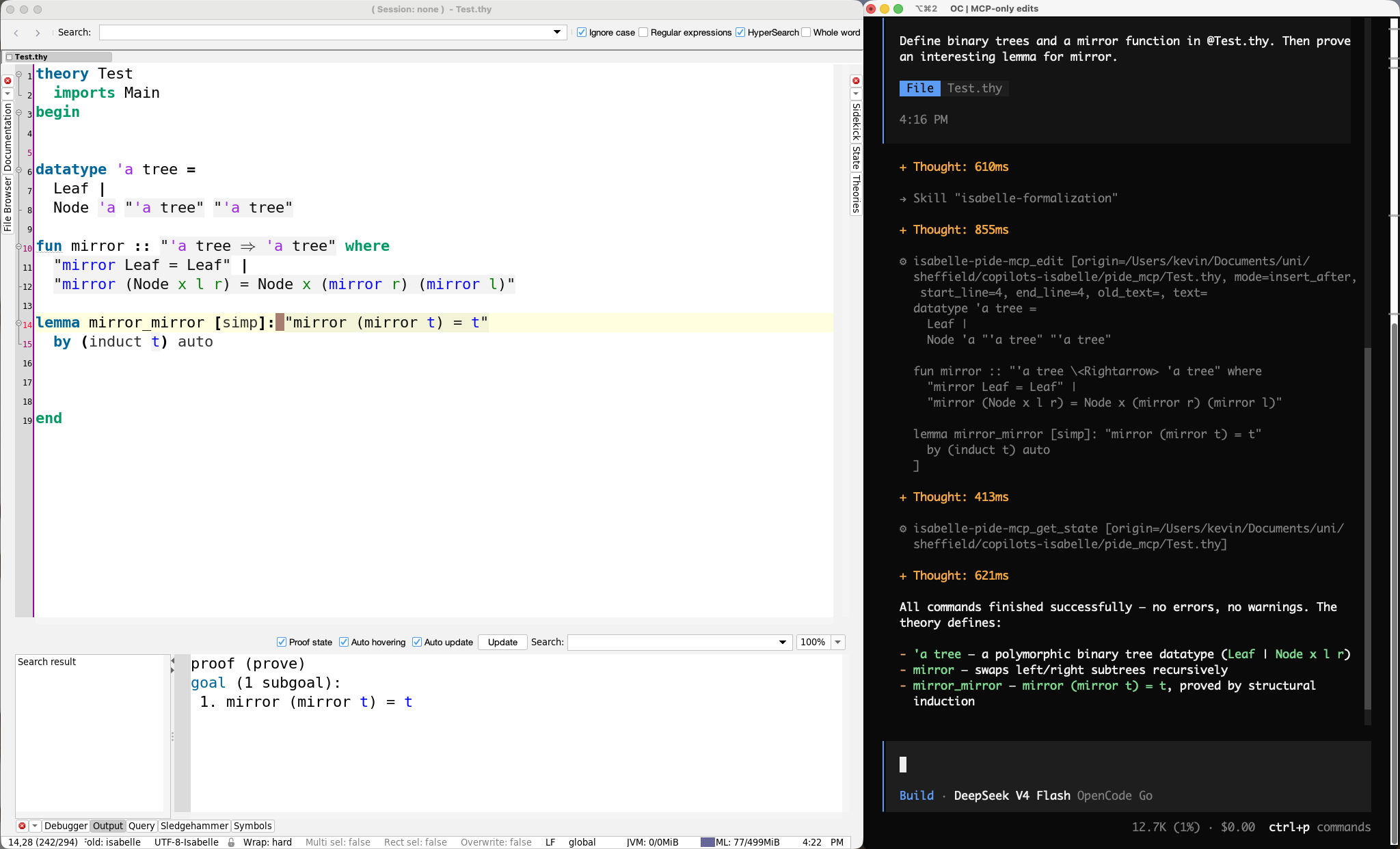 Isabelle/jEdit open beside a terminal running OpenCode.